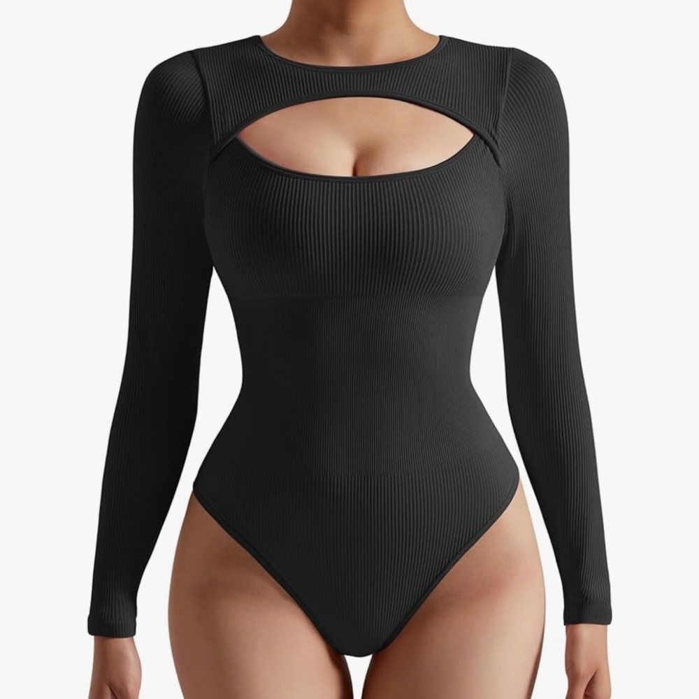 New SUUKSESS Women Cutout Seamless Ribbed Bodysuit Long Sleeve Tank Top With Bra